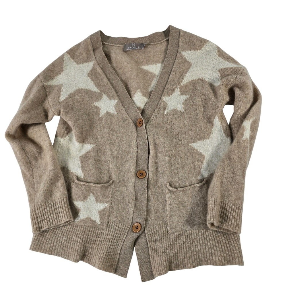Brodie Cashmere Star Print Cardigan Tan Beige V-Neck Button Front Sweater Small
